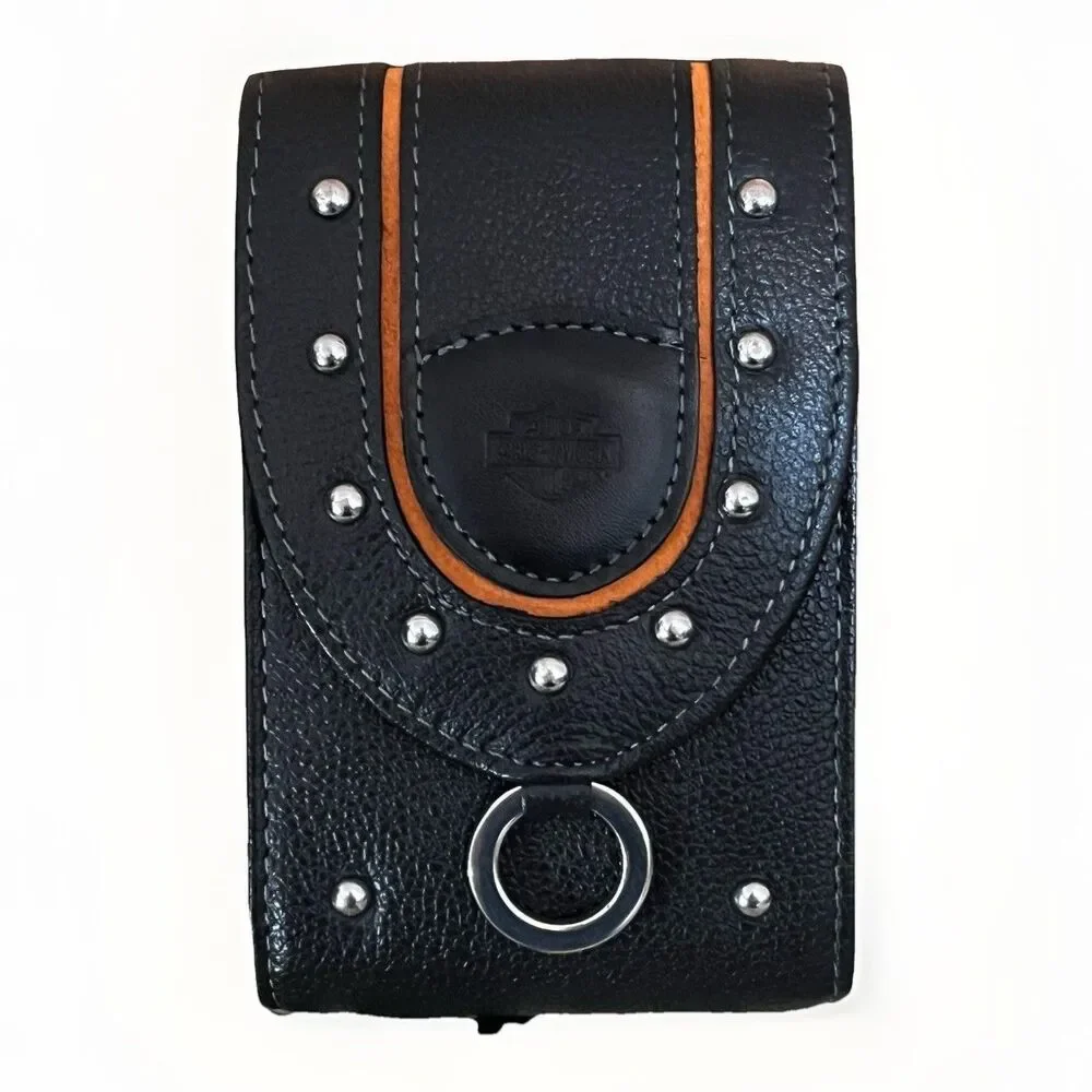 Harley Davidson Leather Belt Pouch Case Studded Black Orange NOS Wrist Strap